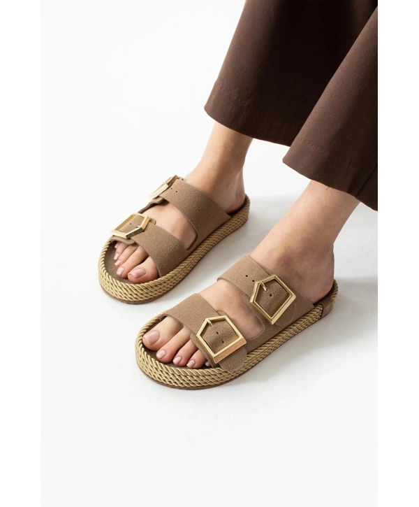 Loera Vizon Nubuk Çift Tokalı Terlik