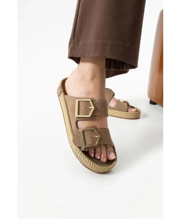 Loera Vizon Nubuk Çift Tokalı Terlik