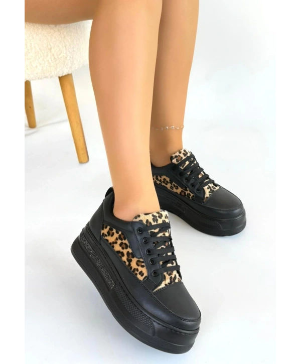 Lorrin Siyah Cilt Leopar Detaylı Bağcıklı Spor Ayakkabı