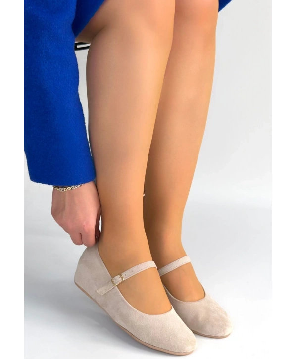 Lossa Bej Süet Kemerli Babet Ayakkabı