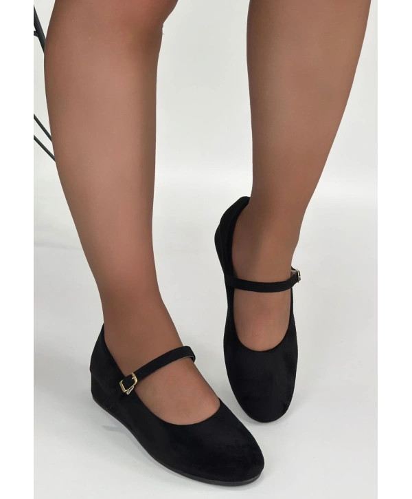 Lossa Siyah Süet Kemerli Babet Ayakkabı