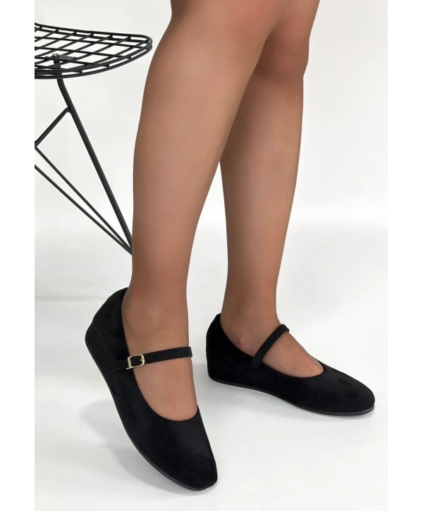 Lossa Siyah Süet Kemerli Babet Ayakkabı