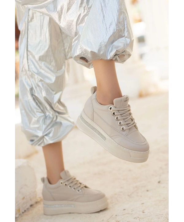 Lulu Bej Cilt Bağcıklı Spor Ayakkabı