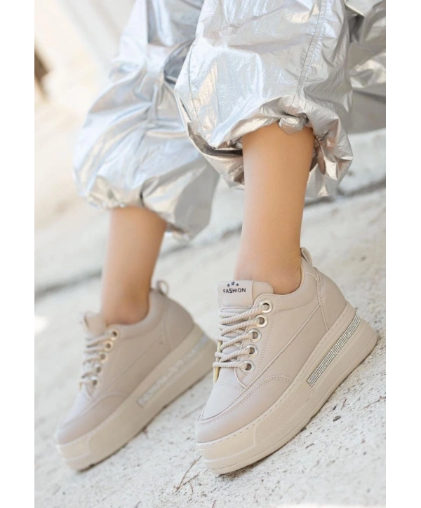 Lulu Bej Cilt Bağcıklı Spor Ayakkabı