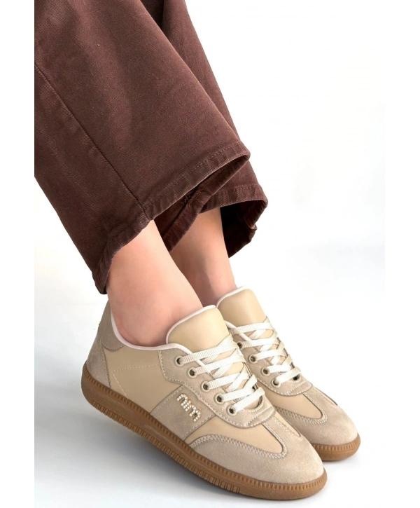 Lunga Bej Cilt Bağcıklı Spor Ayakkabı