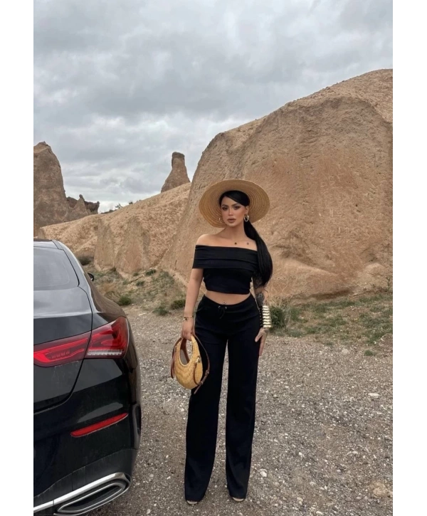 Madonna yaka bol paça pantolonlu takım