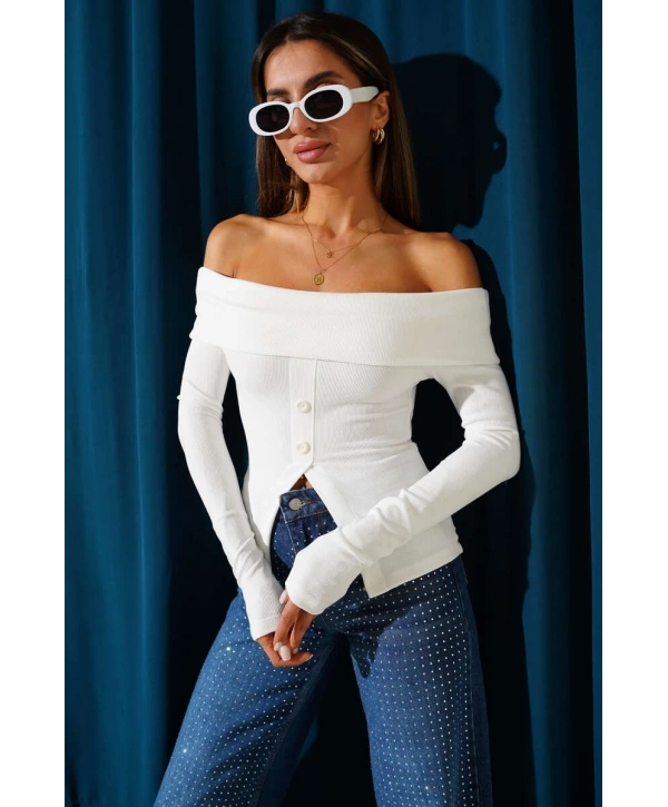 Madonna Yaka Düğmeli Bluz Beyaz t4329