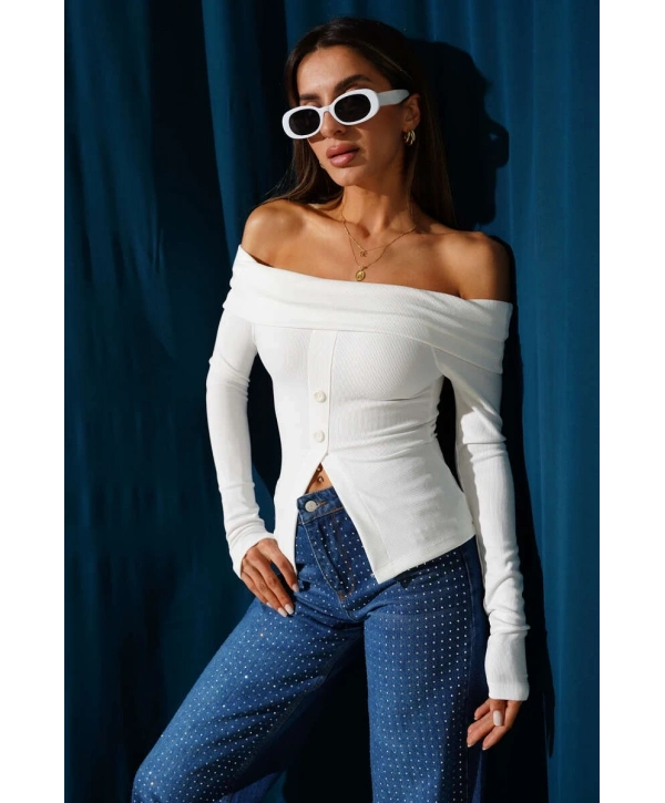 Madonna Yaka Düğmeli Bluz Beyaz t4329