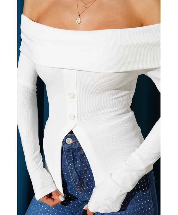 Madonna Yaka Düğmeli Bluz Beyaz t4329