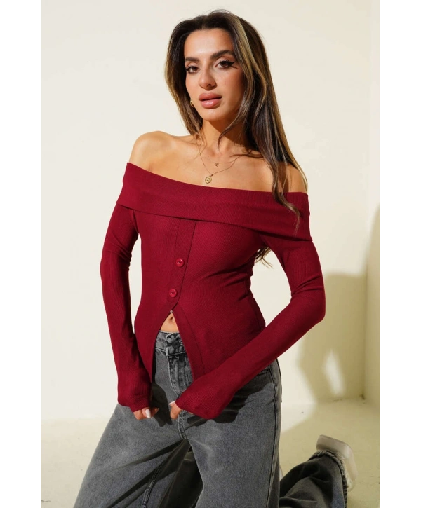 Madonna Yaka Düğmeli Bluz bordo t4329