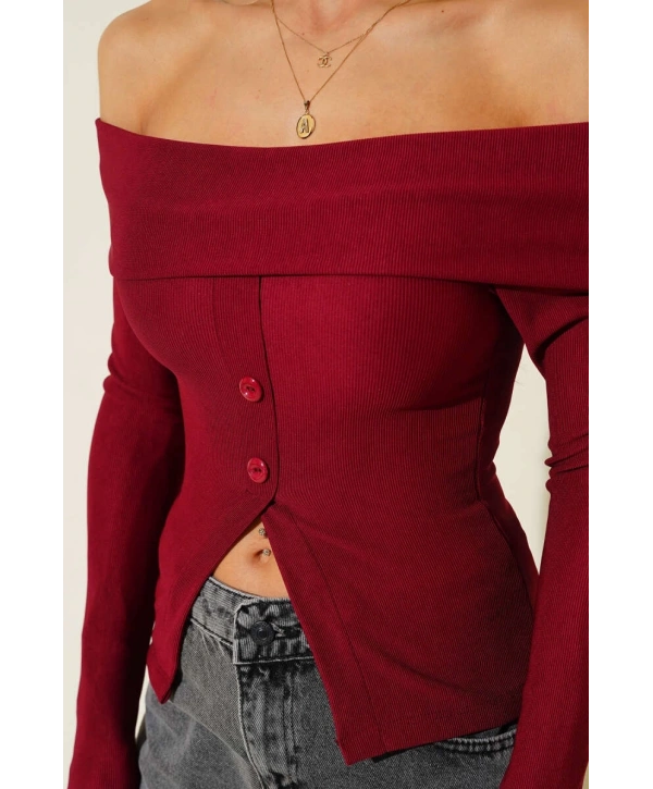 Madonna Yaka Düğmeli Bluz bordo t4329