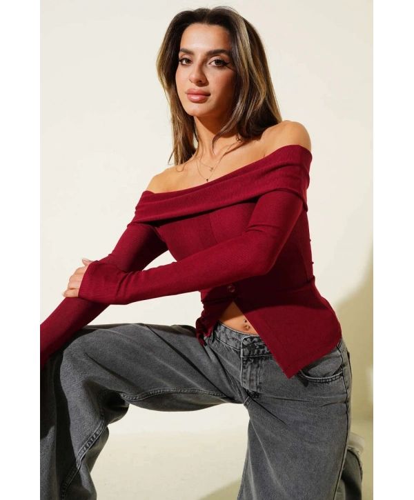 Madonna Yaka Düğmeli Bluz bordo t4329