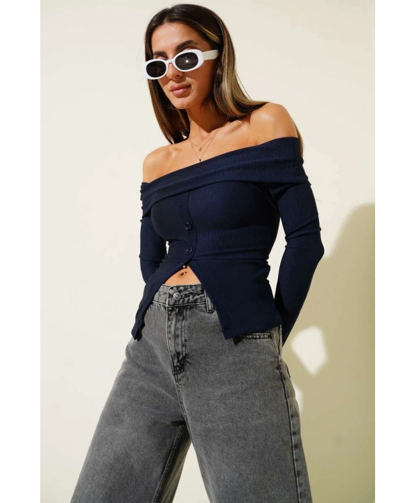 Madonna Yaka Düğmeli Bluz Lacivert t4329
