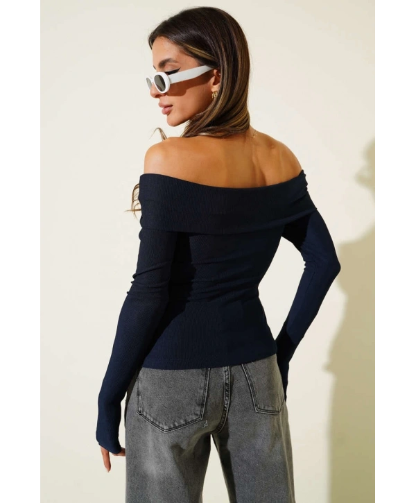 Madonna Yaka Düğmeli Bluz Lacivert t4329
