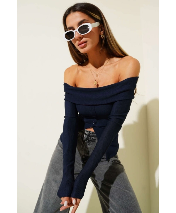 Madonna Yaka Düğmeli Bluz Lacivert t4329