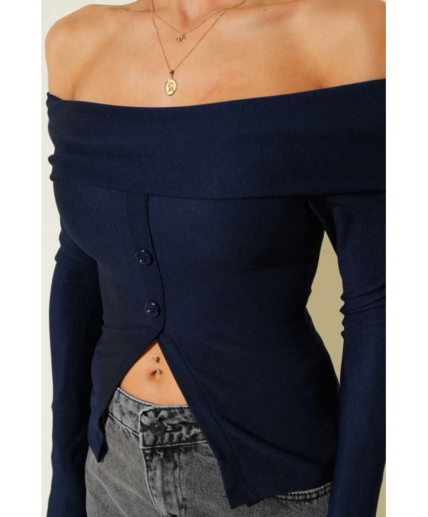 Madonna Yaka Düğmeli Bluz Lacivert t4329