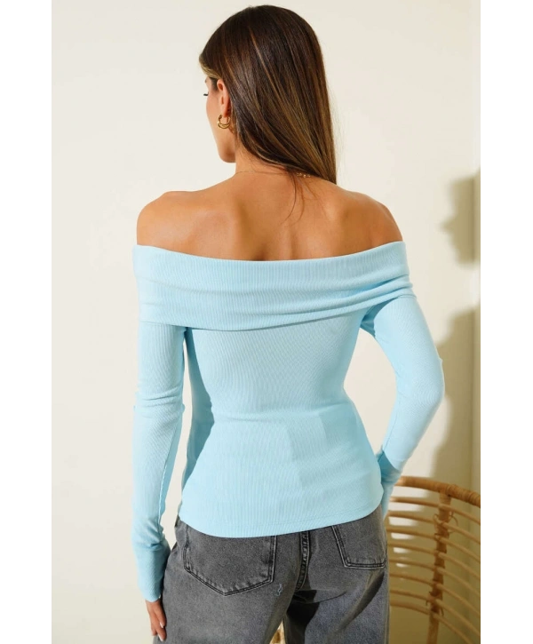 Madonna Yaka Düğmeli Bluz Mavi t4329