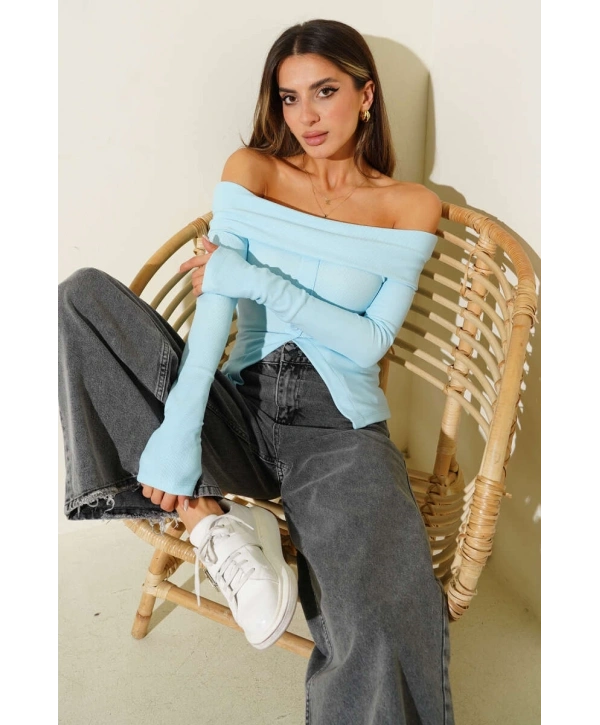 Madonna Yaka Düğmeli Bluz Mavi t4329
