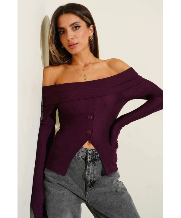 Madonna Yaka Düğmeli Bluz Mürdüm t4329