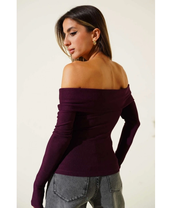 Madonna Yaka Düğmeli Bluz Mürdüm t4329