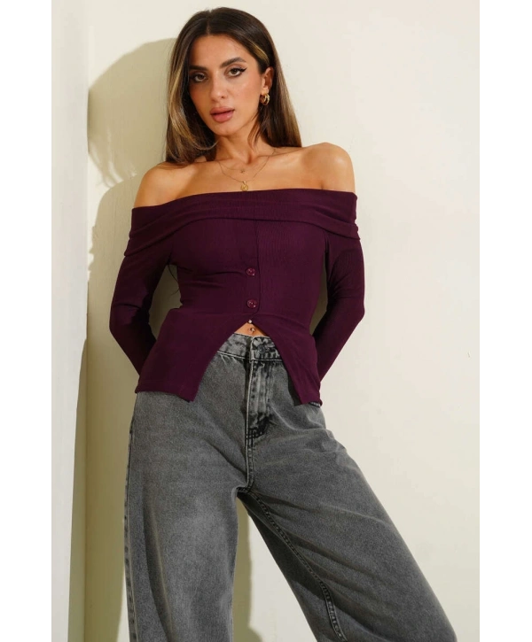 Madonna Yaka Düğmeli Bluz Mürdüm t4329