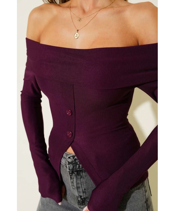 Madonna Yaka Düğmeli Bluz Mürdüm t4329