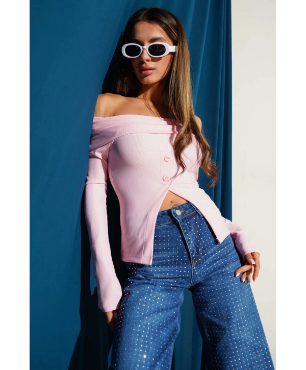 Madonna Yaka Düğmeli Bluz pembe t4329