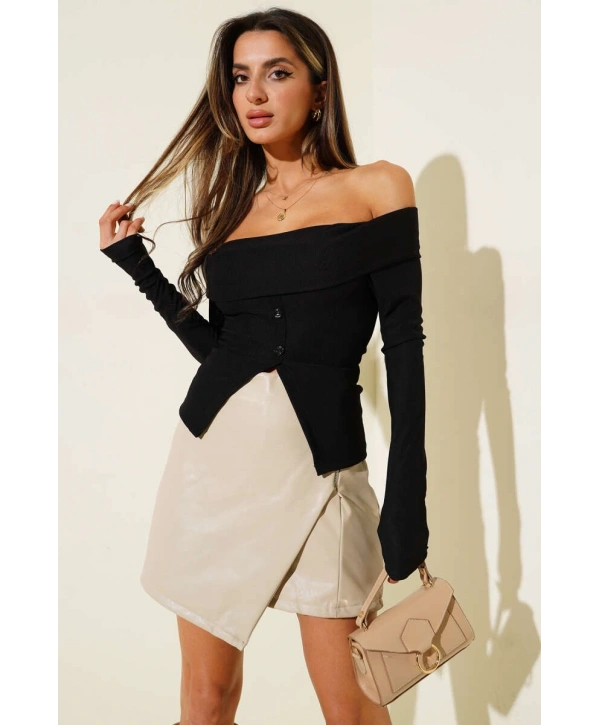 Madonna Yaka Düğmeli Bluz siyah t4329