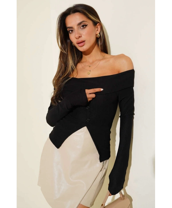 Madonna Yaka Düğmeli Bluz siyah t4329