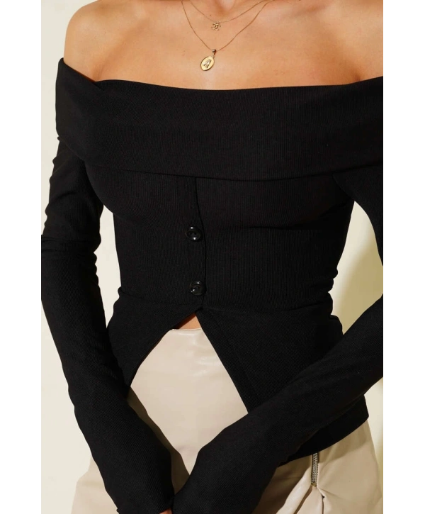 Madonna Yaka Düğmeli Bluz siyah t4329