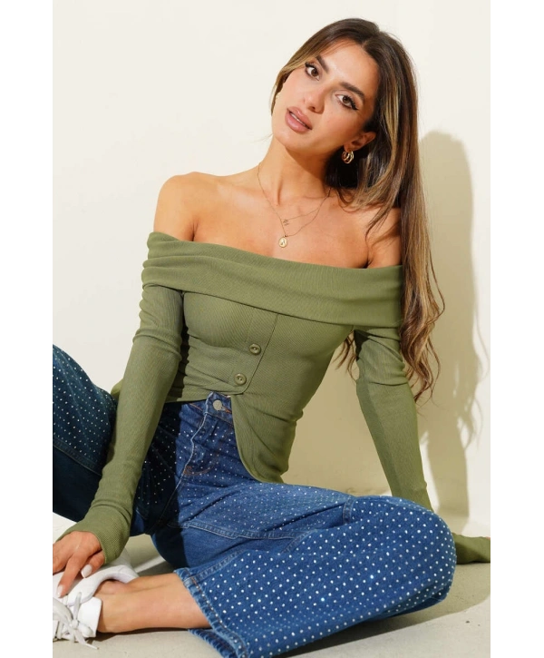 Madonna Yaka Düğmeli Bluz yeşil t4329
