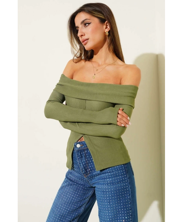 Madonna Yaka Düğmeli Bluz yeşil t4329