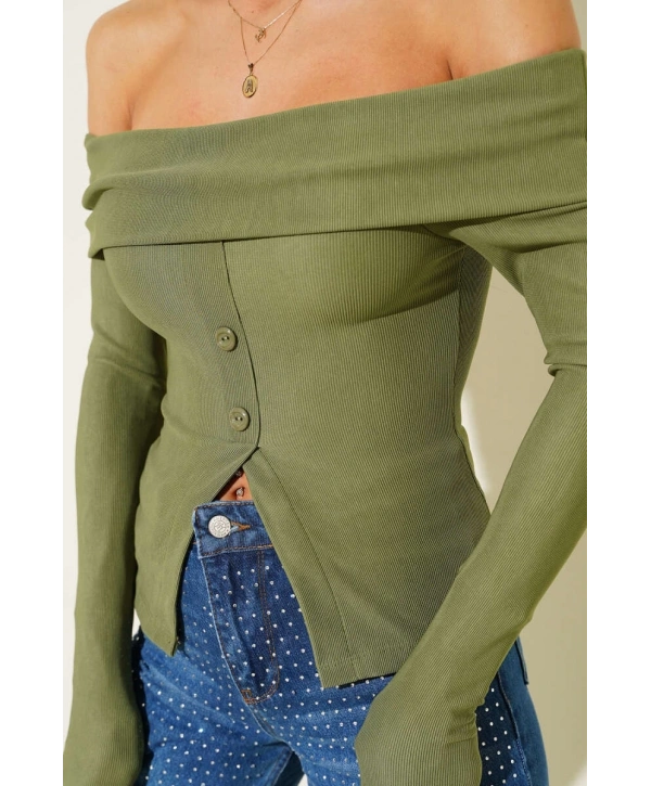 Madonna Yaka Düğmeli Bluz yeşil t4329