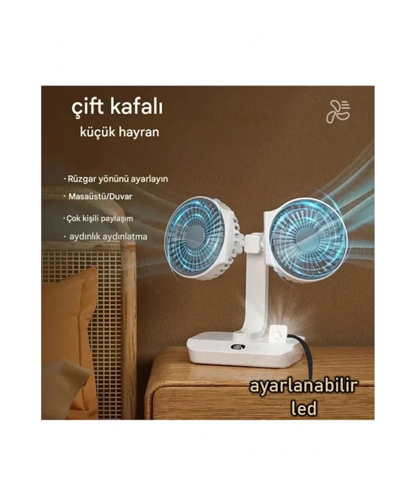 Masaüstü Dijital Ekranlı Çift Fanlı Led Işıklı Soğutucu Fan Ev Ofis Şarjlı Vantilatör