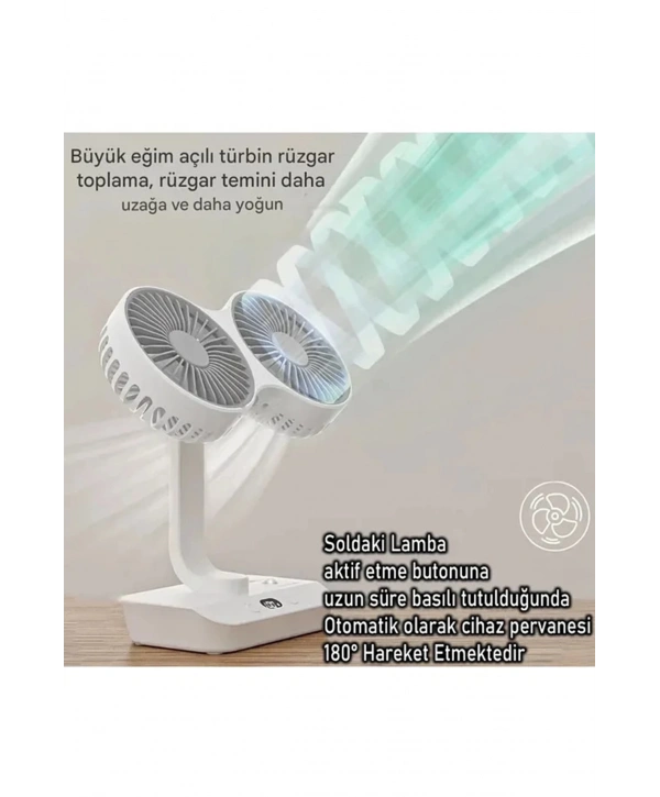 Masaüstü Dijital Ekranlı Çift Fanlı Led Işıklı Soğutucu Fan Ev Ofis Şarjlı Vantilatör