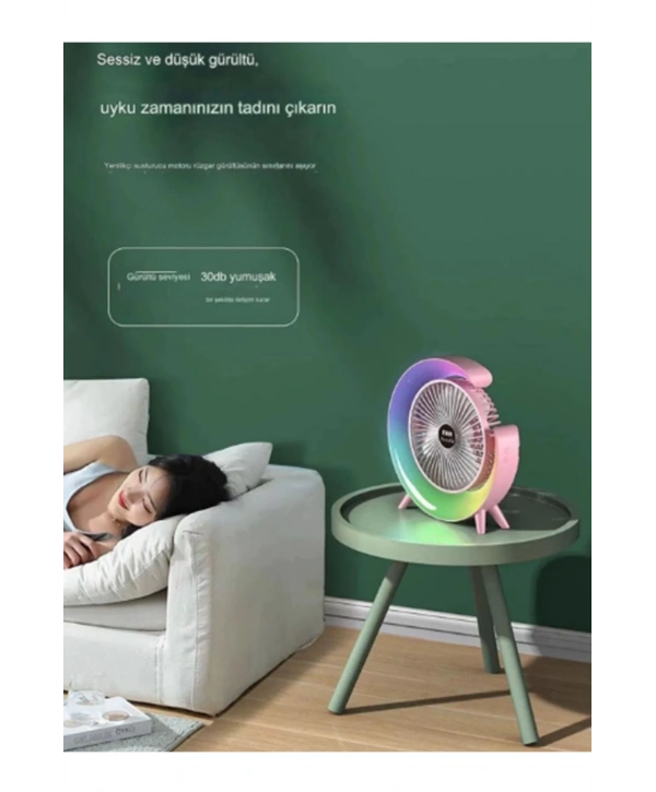 Masaüstü Vantilatör Usb Şarjlı Rgb Led Işıklı 3 Kademeli 180° Ayarlanabilir Soğutucu Fan Pembe