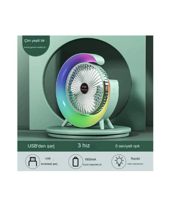 Masaüstü Vantilatör Usb Şarjlı Rgb Led Işıklı 3 Kademeli 180° Ayarlanabilir Soğutucu Fan Yeşil