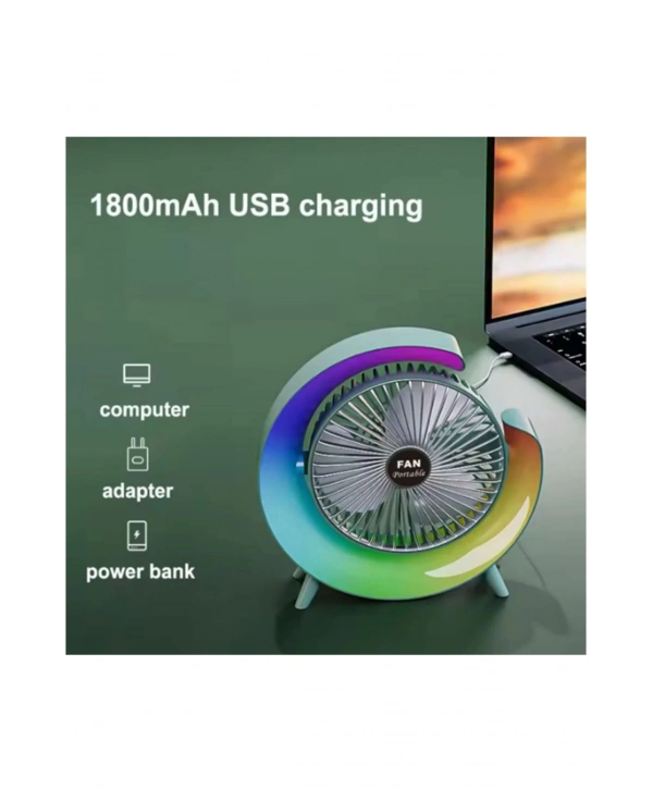 Masaüstü Vantilatör Usb Şarjlı Rgb Led Işıklı 3 Kademeli 180° Ayarlanabilir Soğutucu Fan Yeşil