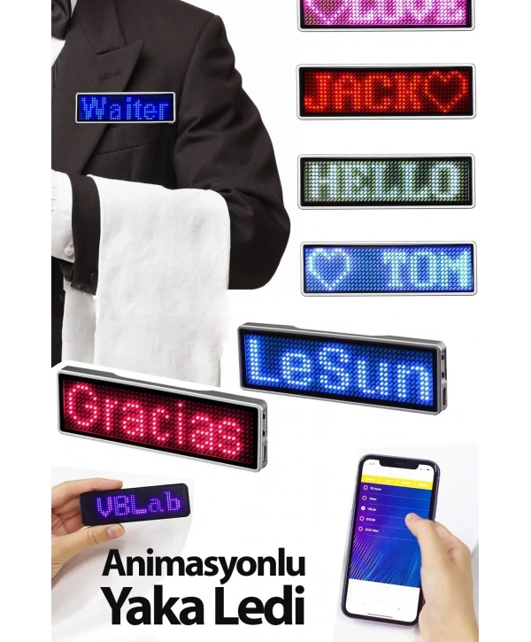 Matrix Kayan Led Yaka Rozeti Mobil Kontrollü Dijital Etiket 9×3cm