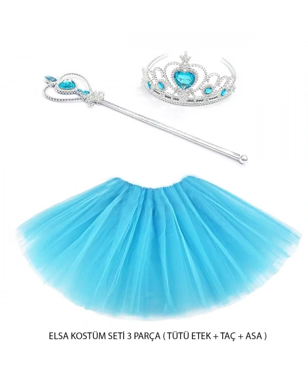 Mavi Prenses Elsa Kostüm Seti 3 Parça (tütü Etek + Taç + Asa )