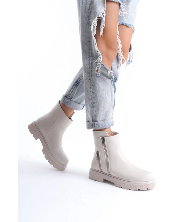 Menta Bej Cilt Fermuar Aksesuarlı Bot