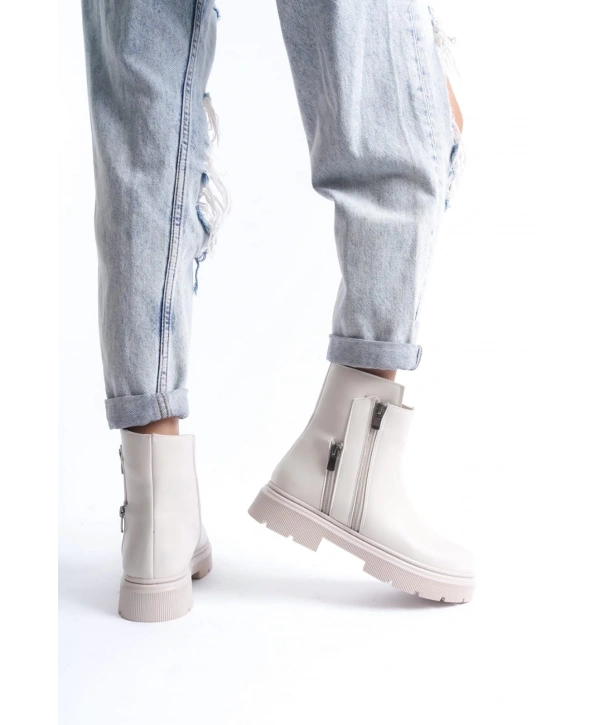 Menta Bej Cilt Fermuar Aksesuarlı Bot