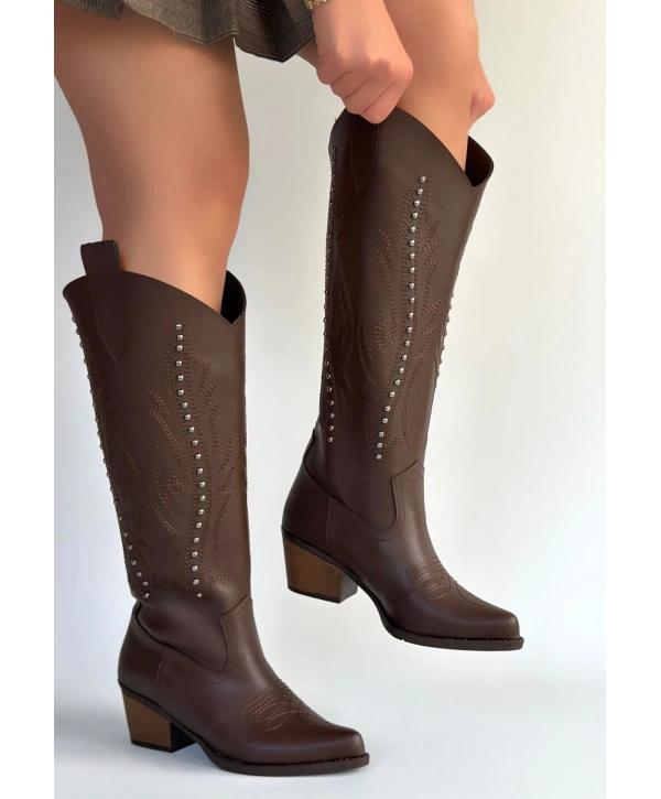 Meof Acı Kahve Cilt Topuklu Çizme