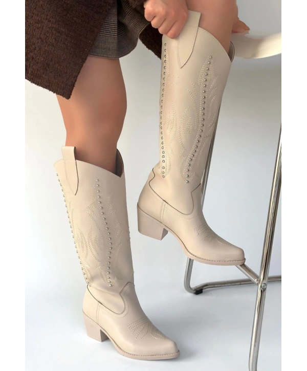 Meof Bej Cilt Topuklu Çizme