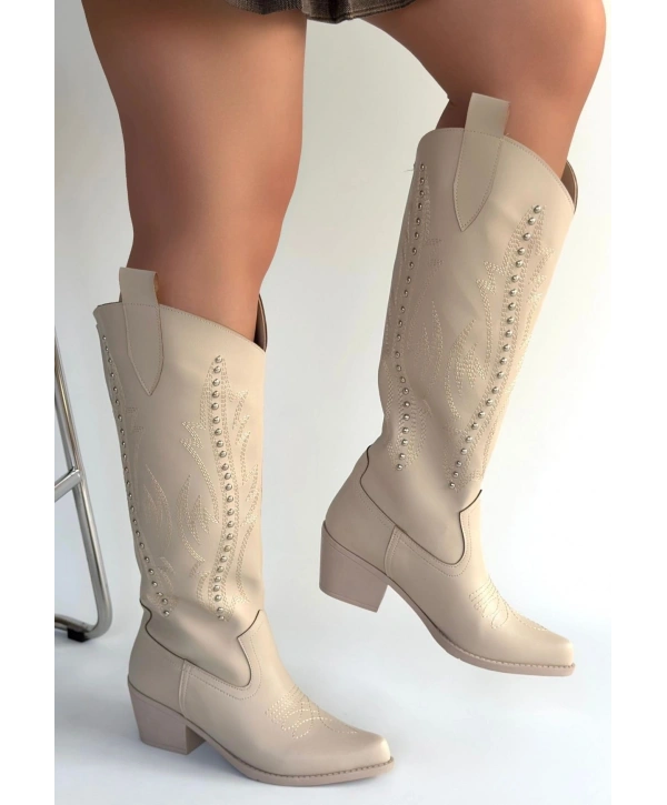 Meof Bej Cilt Topuklu Çizme