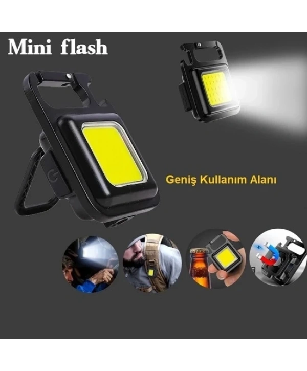 Mini 30 Ledli  Mıknatıslı Anahtarlık Flash Kamp Lambası Askılı Kapak Açacaklı Şarjlı Fener