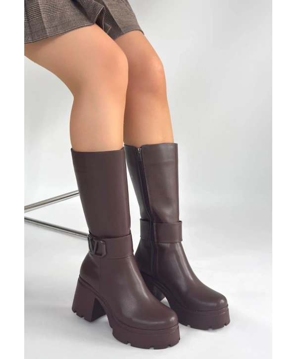 Moki Kahverengi Cilt Topuklu Çizme