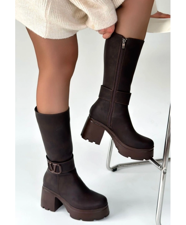 Moki Kahverengi Nubuk Topuklu Çizme