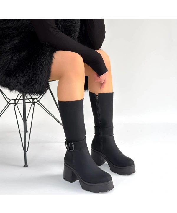 Moki Siyah Nubuk Topuklu Çizme