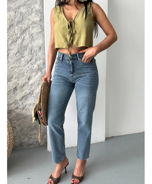 Mom fit bıyık kar yıkama jeans pantolon koyu mavi d2006